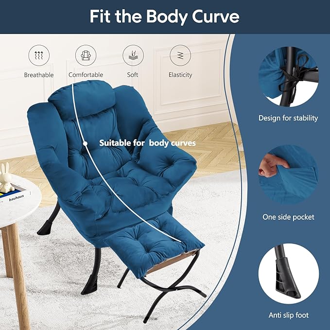 Lazy Chair with Folding Ottoman Modern Large Accent Chair,Contemporary Lounge Leisure Sofa Chair with Armrests Upholstered Sofa Armchair Reading Chair for Bedroom,Dorm & Office,Blue - LeafyLoom