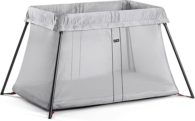 BabyBjörn Travel Crib Light, Silver with Fitted Sheet for Travel Crib Light - Organic White - LeafyLoom