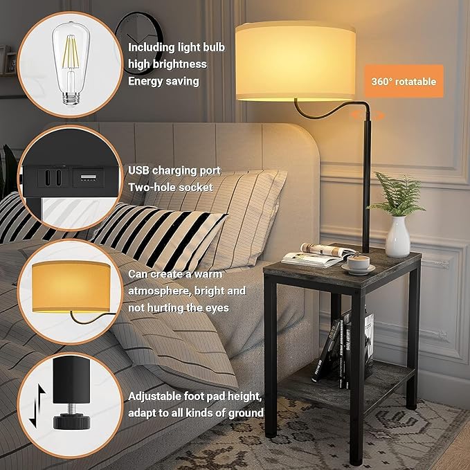 LED Floor Lamp with Table, Side Table with LED Light and Power Outlet, Bedside Nightstand with Lamp, End Table with Lamp Attached for Living Room, Bedroom, USB Ports, Bulb Included, Black Oak - LeafyLoom