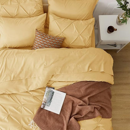 Bedsure Twin XL Comforter Set - Extra Long 5 Pieces Dorm Room Essentials, Pinch Pleat Yellow Bed in a Bag with Comforter, Sheets, Pillowcase & Sham - LeafyLoom