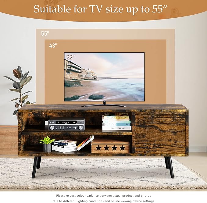 Shintenchi Mid Century Modern TV Stand for TVs up to 55 inches, Wood TV Console Table Media Cabinet with Storage, Entertainment Center for Living Room Bedroom, Rustic Brown - LeafyLoom