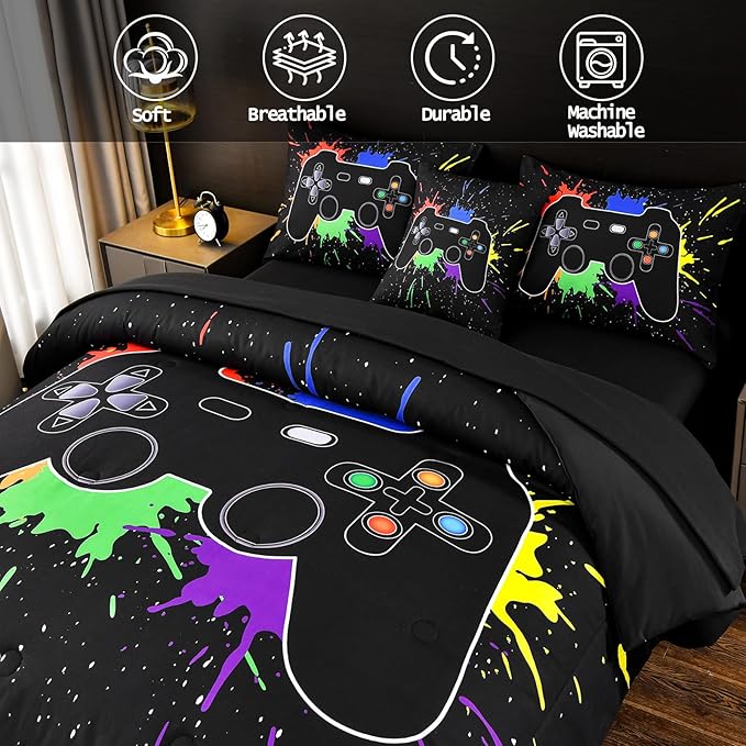 DORCAS Full Size Gamer Comforter Set with Sheets for Boys,Game Console Black Bedding Set for Kids,6 Pieces Bed in a Bag Colorful Graffiti Gaming Controller Comforter,Sheets,Pillowcases (Black, Full) - LeafyLoom