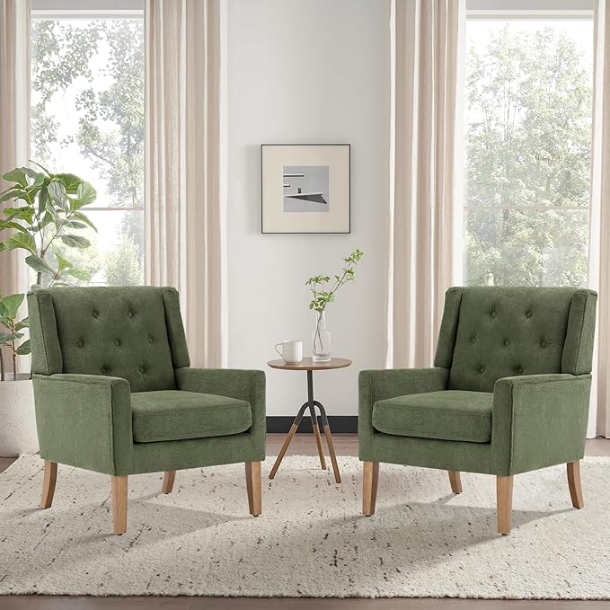 COLAMY Mid-Century Accent Chairs, Modern Wingback Living Room Chair, Upholstered Armchair with Button Tufted Back and Wood Legs for Bedroom/Office/Reading Spaces, Green - LeafyLoom