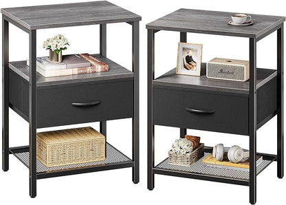 Nightstand Set of 2, Night Stand with Fabric Drawer, Mesh Shelf, Side Table with Storage, Fabric Drawer Dresser, Open Shelf, Metal Frame, Bedroom, Charcoal Gray - LeafyLoom