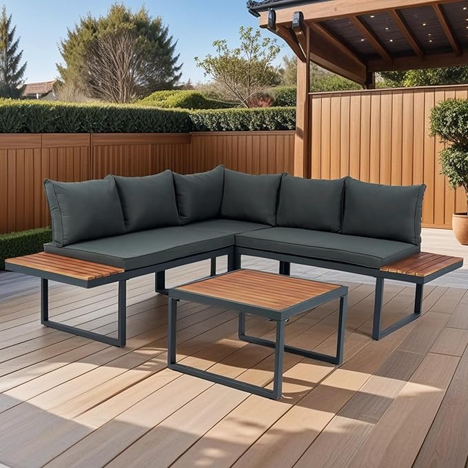 4 Piece Outdoor Patio Furniture Wicker L-Shaped Sectional Sofa Set with Built-in Side Table&Wood TeaTable, 5-Seater Seating Group Couch, for Garden Backyard, Dark Grey Cushion - LeafyLoom