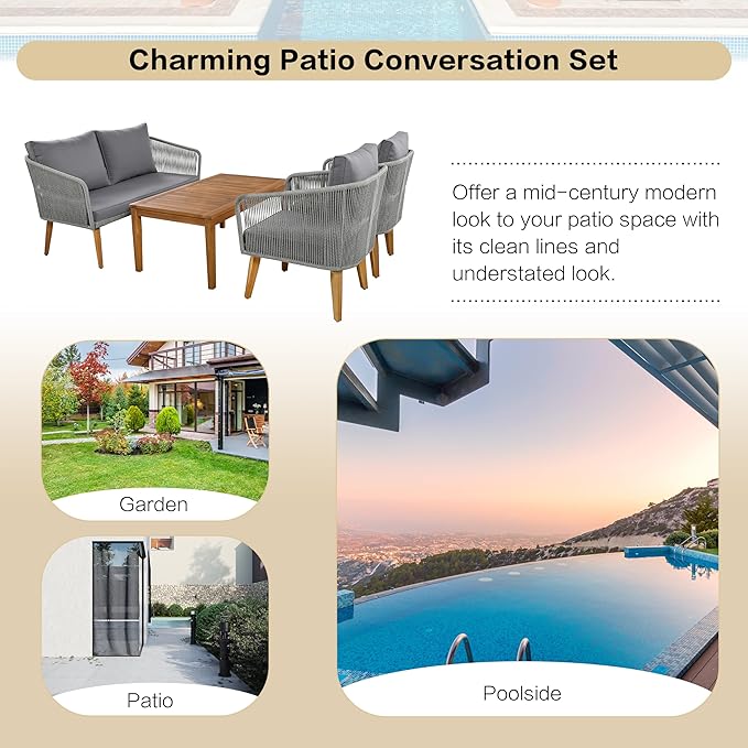 4-Piece, Outdoor Furniture with Loveseat, 2 Chairs and Table, Patio Conversation Set Deep Seating with Thick Backyard Porch Balcony, Zh-Dark Grey Cushion + Grey Rope - LeafyLoom