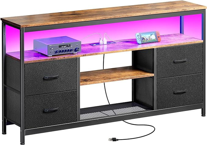 TV Stand Dresser with Power Outlets and LED Lights, 4 Drawers Entertainment Center with Shelves, 54 Inch Media Console for 55 60 Inch TV, PU Finish, Rustic Brown and Black - LeafyLoom