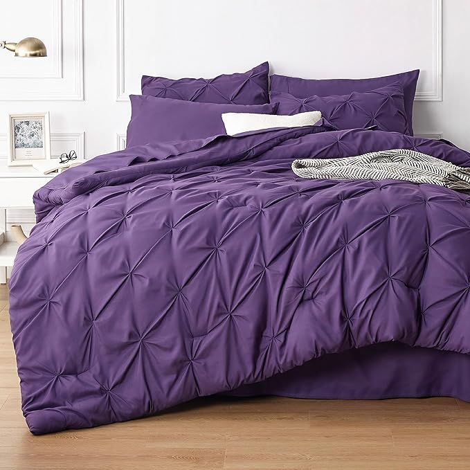 Bedsure Purple Comforter Set Queen - Bed in a Bag Queen 7 Pieces, Pintuck Bedding Sets Purple Bed Set with Comforter, Sheets, Pillowcases & Shams - LeafyLoom