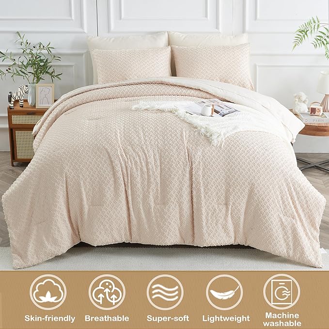 Queen Size Kids Comforter Set for Girls 7 Piece Beige Boho Tufted Kids Bedding Set for Boys Bed in A Bag Quilt Set with 1 Comforter,1 Flat Sheet, 1 Fitted Sheet, 2 Pillowcase and 2 Pillow Sham - LeafyLoom