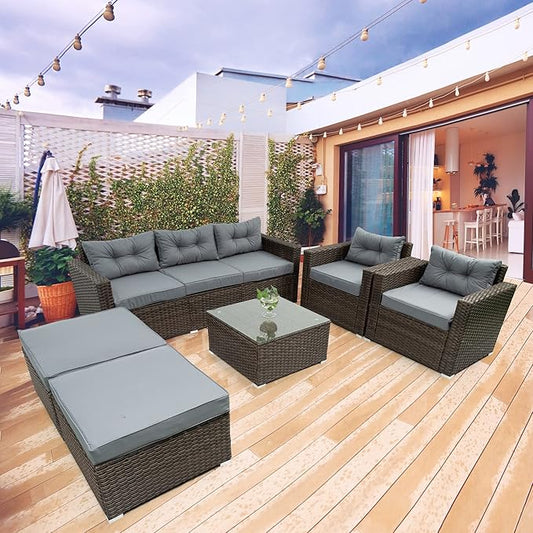 6-Piece Outdoor Rattan Patio Furniture Set, Wicker Sectional Sofa with Removeable Cushions and Tempered Glass Table Top, Conversation Couch for Garden Yark Lawn Backyard, Onesize, Brown - LeafyLoom