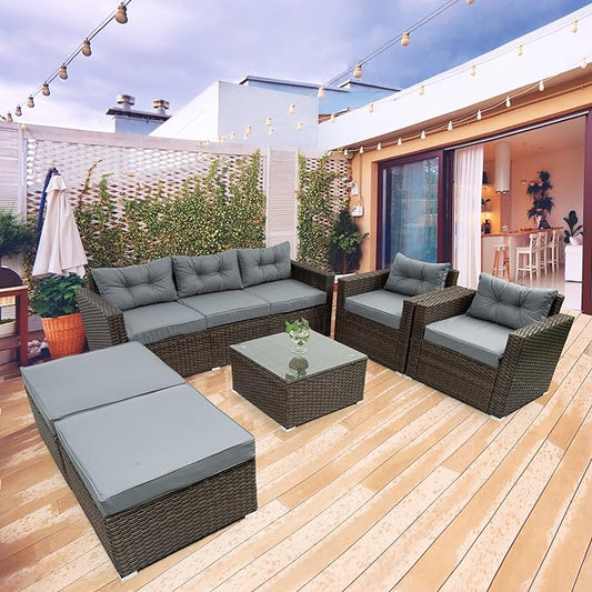 6 Piece Patio Outdoor Furniture Rattan Wicker Conversation Sofa Set with Removeable Cushions and Tempered Glass Table Top for Garden Yark, Lawn, Backyard, Brown - LeafyLoom