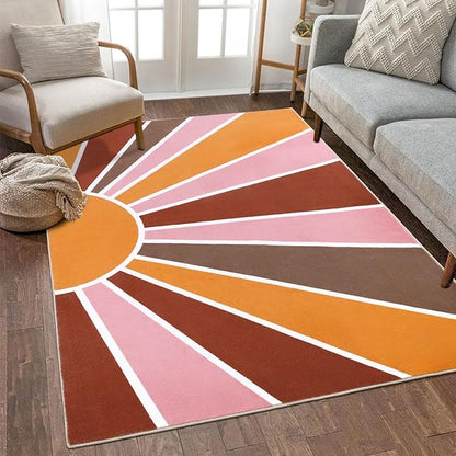 Topotdor Sun Rainbow Area Rug 4 x 6ft Boho Kids Nursery Rug, Colorful Washable Area Rug Ultra Soft Circle Classroom Rug Non-Slip for Bedroom Living Room Playroom Decor, Pink - LeafyLoom