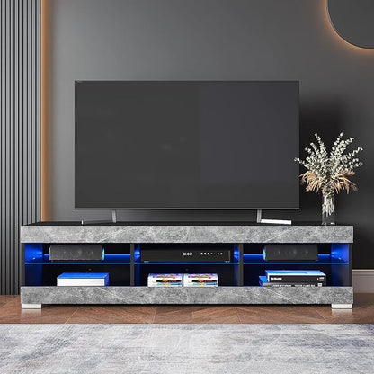 HOMMPA LED TV Stand for 65 inch TV Grey Black TV Stand with Led Lights Modern TV Entertainment Center with Glass Shelves TV Media Console for Living Room - LeafyLoom