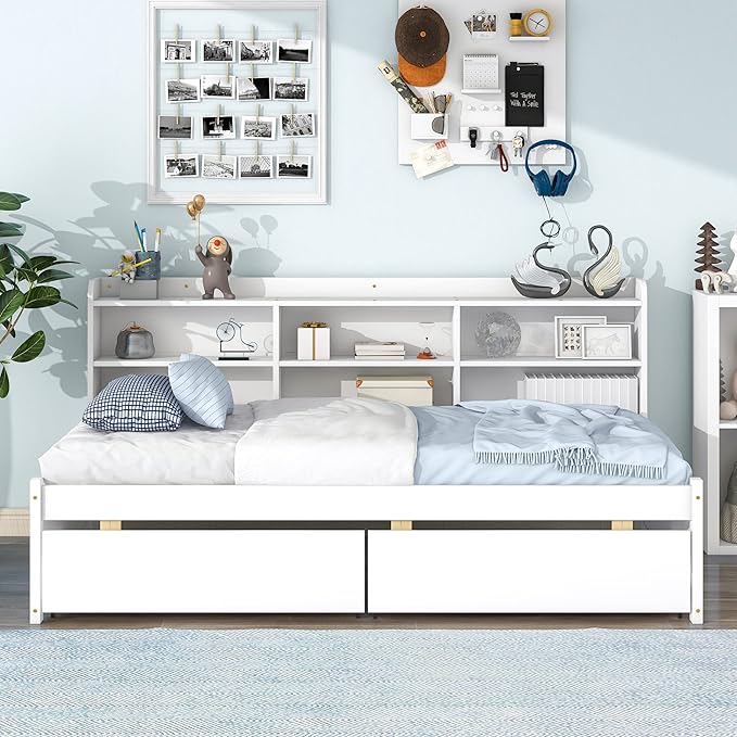 Twin Size Platform 2 Storage Drawers and Side Bookcase, Solid Wood Day Captain, Ideal Bed Frame for Bedroom, Living Room, White - LeafyLoom