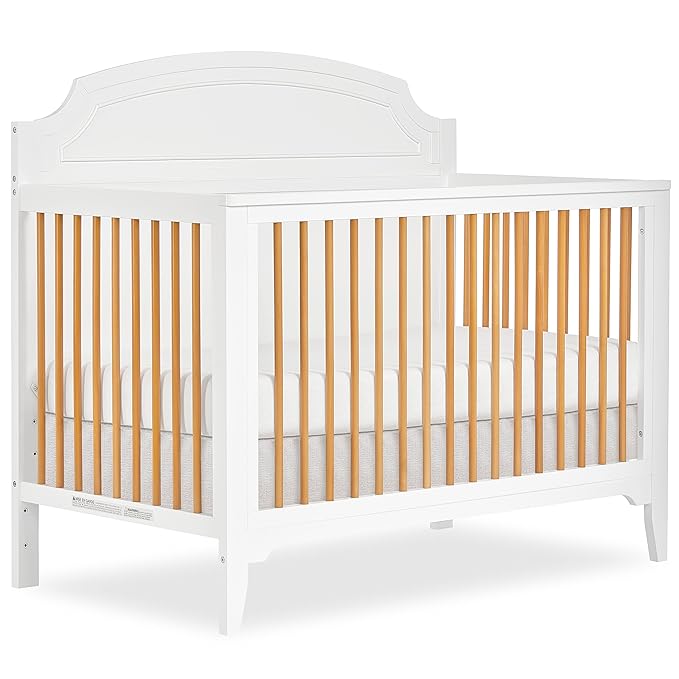 JPMA & Greenguard Gold Certified Milton 5-in-1 Convertible Crib Made with Sustainable New Zealand Pinewood in White and Natural, Non-Toxic Finish - LeafyLoom