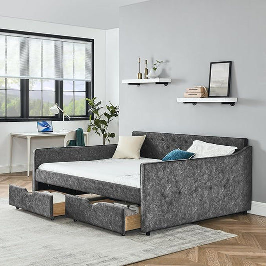 Queen Size Upholstered Daybed with Two Storage Drawers, Tufted Sofa Bed w/Waved Shape Arms, for Bedroom Living Room, No Box Spring Needed & Space-Saving Design, Grey - LeafyLoom