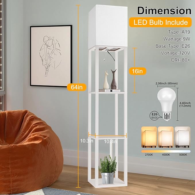 Floor Lamp with Shelves for Living Room White, Shelf Floor Lamp with 3 CCT LED Bulb, Corner Display Standing Column Lamp Etagere Organizer Tower Nightstand with White Linen Shade for Bedroom, Office - LeafyLoom