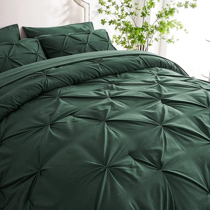 Ubauba 7pc King Size Comforter Set with Sheets Dark Green, Emerald 7 Pieces Pinch Pleat Bed in a Bag, All Season Hunter Green Beddings Set with Comforters (Green,King) - LeafyLoom