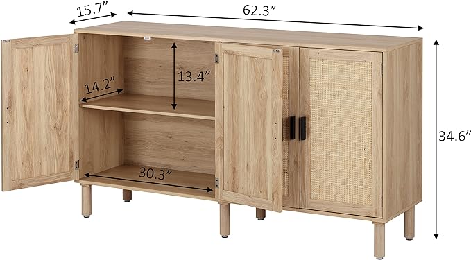 Finnhomy 4 Door Sideboard Buffet Cabinet, Kitchen Storage Cabinet with Rattan Decorated Doors, Cupboard Console Table, Boho Accent Liquor Cabinet, Bar Cabinet, 62.3X 15.7X 34.6 Inches, Natural - LeafyLoom