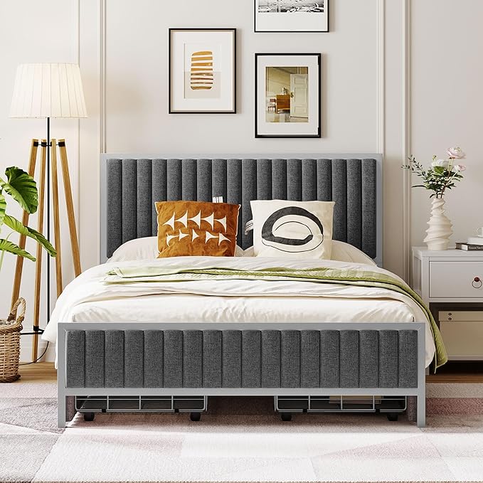 RITSU Full Size Upholstered Platform Bed with 4 Drawers, Metal Frame Tufting Linen Fabric Backrest, Large Storage Space for Bedroom, Apartment, No Need for Box Springs, Gray - LeafyLoom