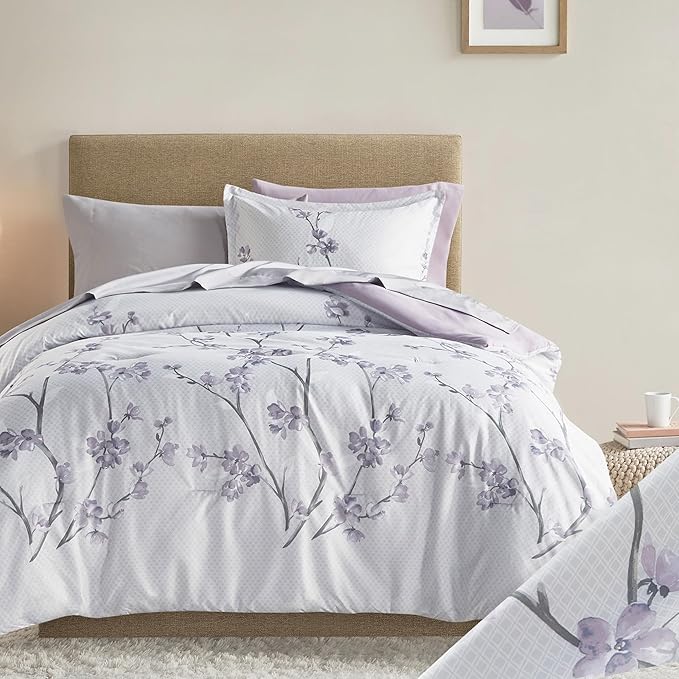 Comfort Spaces Bed in A Bag - Trendy Casual Design Cozy Comforter with Complete Sheet Set with Side Pocket, All Season Cover, Matching Shams Twin XL(66 in x 90 in), Kate, Grey/Purple 6 Piece - LeafyLoom