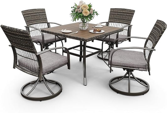 Pamapic 5 Piece Outdoor Dining Set, Rattan Outdoor Patio Furniture Set for Deck Backyard with Plastic-Wood Outdoor Dining Table, 4 Swivel Outdoor Dining Chairs and Removable Cushions (Gray) - LeafyLoom