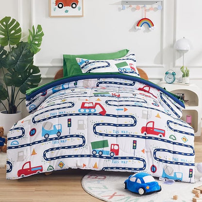 SLEEP ZONE Kids Bedding Comforter Set Full/Queen Size - Super Cute & Soft Kids Bedding 7 Pieces Set with Comforter, Sheet, Pillowcase & Sham (Road Trip, Full/Queen) - LeafyLoom