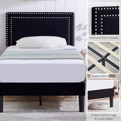 VECELO Twin Size Platform Bed Frame with Adjustable Upholstered Headboard, Modern Mattress Foundation, Strong Wood Slat Support, No Box Spring Needed, Easy Assembly - LeafyLoom