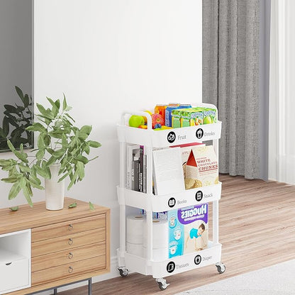 3-Tier Storage Cart,Multifunction Kitchen Storage Organizer,Mobile Shelving Unit Utility Rolling Cart with Lockable Wheels for Bathroom,Laundry,Living Room,With Classified Stickers,White - LeafyLoom