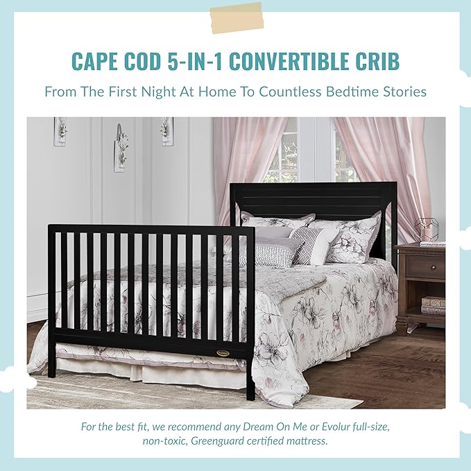 Cape Cod 5-In-1 Convertible Crib In Black, Greenguard Gold And JPMA Certified, Built Of Sustainable New Zealand Pinewood, 3 Mattress Height Positions - LeafyLoom