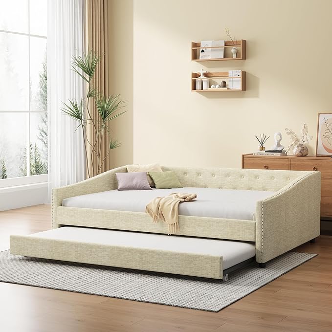 Full Size Upholstered Daybed with Twin-Size Trundle,Elegant Wood Sofa Bed w/Button Tufted Back and Waved Shape Arms & Nailhead,Slat Support,for Apartment,Bedroom,Living Room,Beige - LeafyLoom