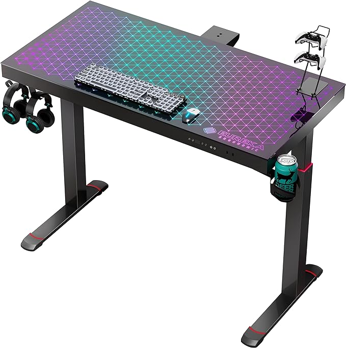 EUREKA ERGONOMIC RGB Glass Gaming Desk, Music Studio Desk, 47 Inch Adjustable Height Computer Desk Music Sensing LED Sit Stand Desk for Home Office Gamer w Dual Motors,USB Ports, APP Control - LeafyLoom