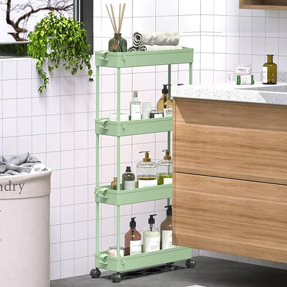 SPACEKEEPER Slim Rolling Storage Cart 4 Tier Bathroom Organizer Utility Cart Mobile Shelving Unit Tower Rack for Kitchen, Laundry Room, Bathroom, Narrow Places, Green - LeafyLoom