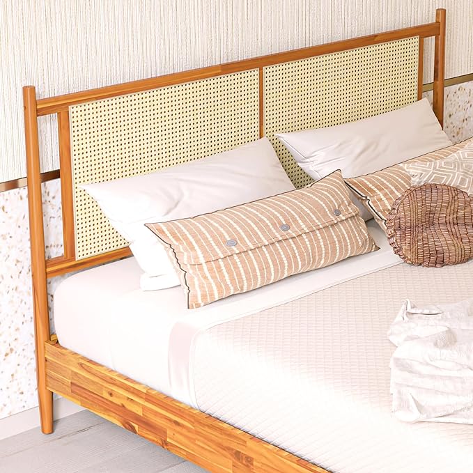 Bme Oliver King Bed Frame and Headboard - 15-Inch Signature Design with Rattan Headboard, Bohemian and Mid Century Style, 12-Slat Wood Support, No Box Spring Needed - Easy Assembly, Caramel - LeafyLoom