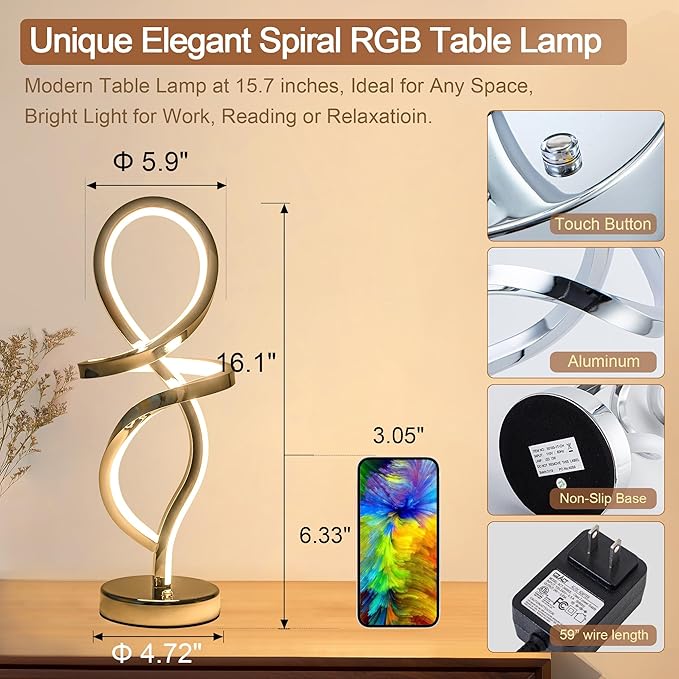 Modern Table Lamp, RGB Table Lamp，LED Spiral Lamp, Silver Bedside Lamp with 7 Colors 10 Light Modes, Touch Dimmable Nightstand Lamp for Bedroom Living Room Home Office, 15W - LeafyLoom