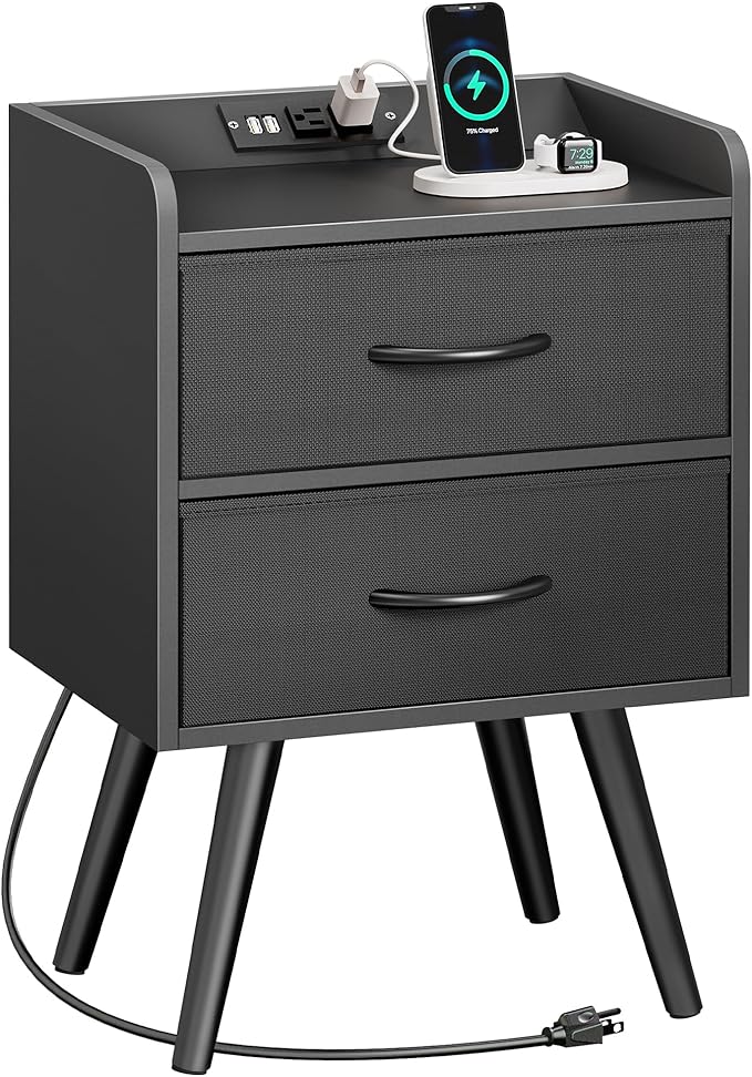 Night Stand with Charger Station, Nightstand with Drawers, Bedside Table, End Table with Solid Wood Feet, Black Nightstand, Side Tables for Bedroom - LeafyLoom