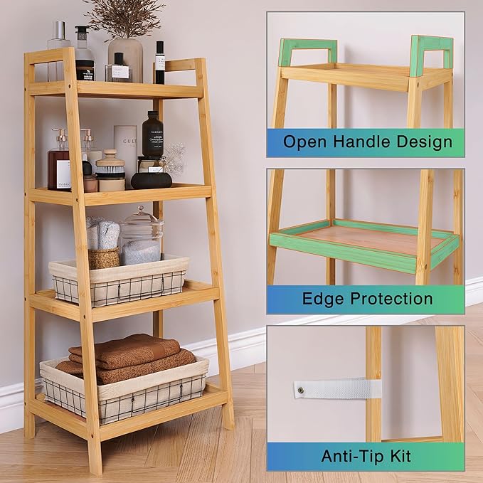 SMIBUY Bamboo Ladder Bookcase, Bathroom Storage Rack Organizer, 4 Tier Freestanding Plant Display Stand Space Saver Shelves for Bedroom, Kitchen, Balcony (Natural) - LeafyLoom