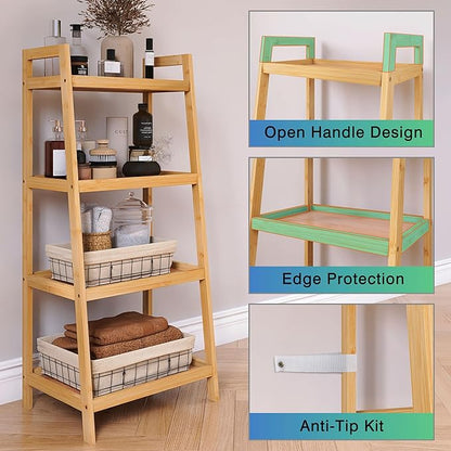 SMIBUY Bamboo Ladder Bookcase, Bathroom Storage Rack Organizer, 4 Tier Freestanding Plant Display Stand Space Saver Shelves for Bedroom, Kitchen, Balcony (Natural) - LeafyLoom