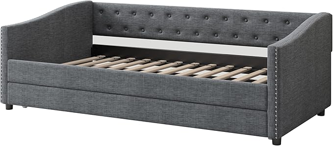 Twin Size Daybed with Trundle, Upholstered Tufted Sofa Bed with Button on Back and Piping on Waved Shape Arms for Bedroom, Apartment, Living Room, Wooden Slats Support, Dark Grey - LeafyLoom