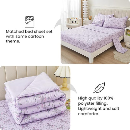 Mooreeke Full Size Comforter Sets for Girls Kids, 8 Pieces Bed in a Bag Purple Floral Unicorn Bedding Comforter Sheet Set with Shams and Decorative Toy Pillow, Ultral Soft Microfiber Kids Bed Set - LeafyLoom