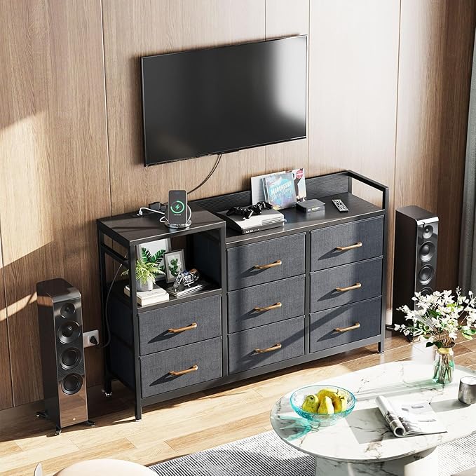 ODK Dresser with Charging Station, 52-Inch Long Dresser TV Stand for Bedroom, Large Dresser with 8 Storage Drawers, Chest of Drawers Easy-Pull Fabric Dressers for Living Room, Black and Dark Grey - LeafyLoom