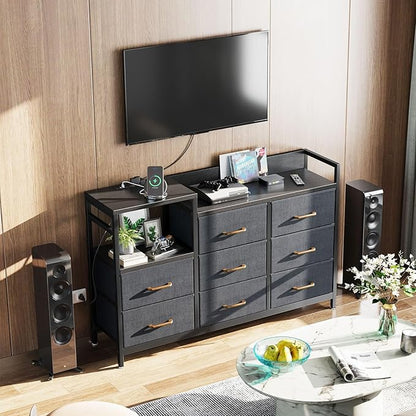 ODK Dresser with Charging Station, 52-Inch Long Dresser TV Stand for Bedroom, Large Dresser with 8 Storage Drawers, Chest of Drawers Easy-Pull Fabric Dressers for Living Room, Black and Dark Grey - LeafyLoom