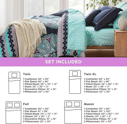 Degrees of Comfort Teen Twin Complete Comforter Sets for Girls, Boho Medallion Tween Bed in A Bag 6 Piece, Blue Microfiber Bedding Set with Sheets, Matching Decorative Pillow - LeafyLoom