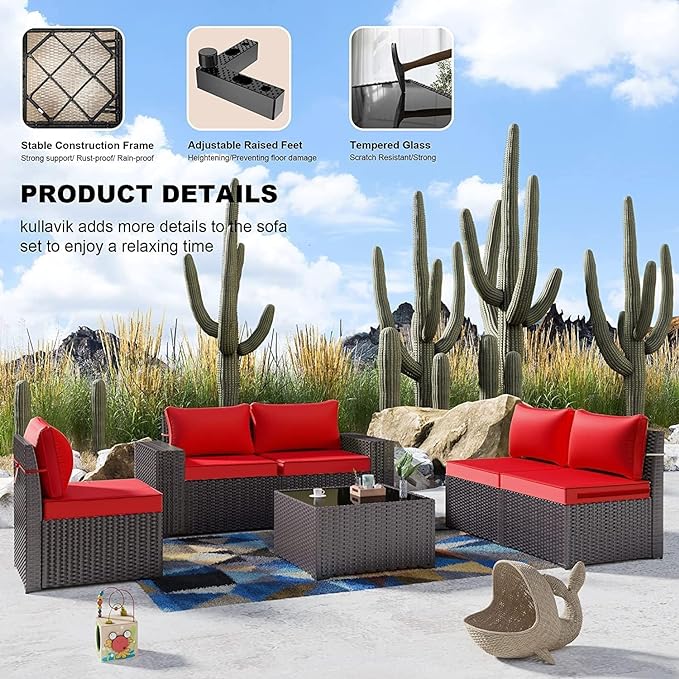 Kullavik 13PCS Outdoor Patio Furniture Set with 43" 55000BTU Gas Propane Fire Pit Table PE Wicker Rattan Sectional Sofa Patio Conversation Sets,Red - LeafyLoom