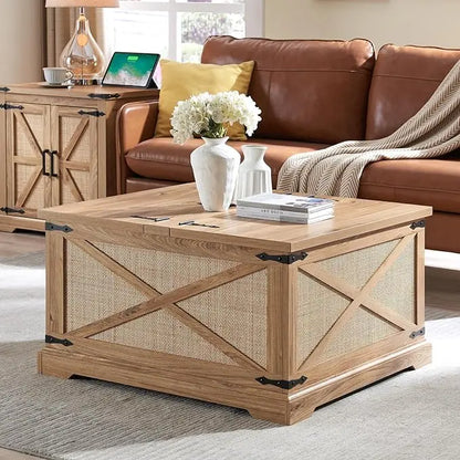 Farmhouse Square Coffee Table with Storage, Wood Center Table with Hinged Lift Top, Rustic Cocktail Table with Large Hidden Storage Compartment for Living Room, Bedroom,Natural,Rattan - LeafyLoom