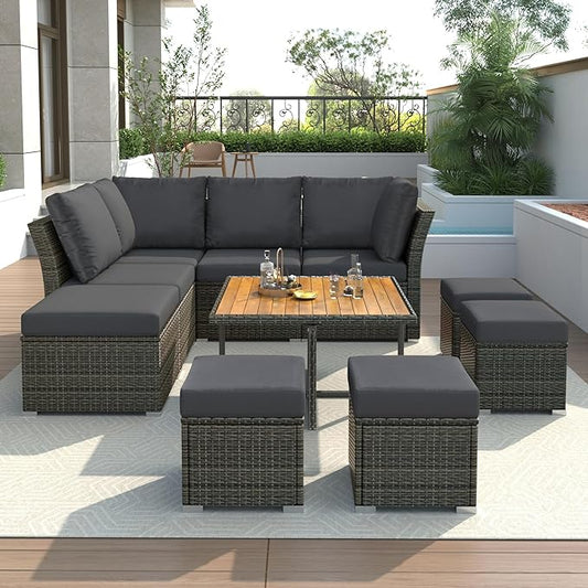 9 Pieces Outdoor Furniture All Weather Patio Sectional Sofa PE Wicker Modular Conversation Sets with Coffee Table and Storage Ottoman, Onesize, Ze-Black - LeafyLoom