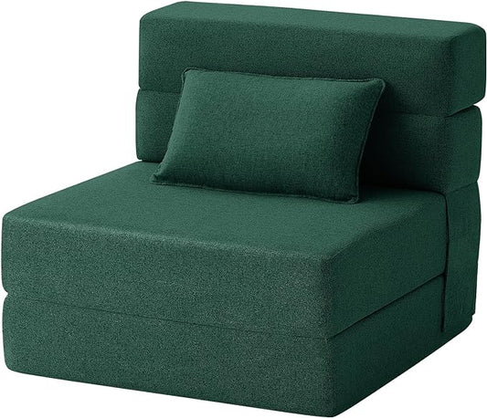 Convertible Folding Sofa Bed-Sleeper Chair with Pillow, Modern Linen Fabric Floor & Futon Couch, Foldable Mattress for Living Room/Dorm/Guest Use/Home Office/Apartment, Single Size,Dark Green - LeafyLoom