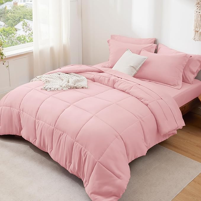 Bedsure Pink King Size Comforter Set - 7 Pieces Solid King Bed in a Bag, King Bed Set Pink with Comforters, Sheets, Pillowcases & Shams - LeafyLoom