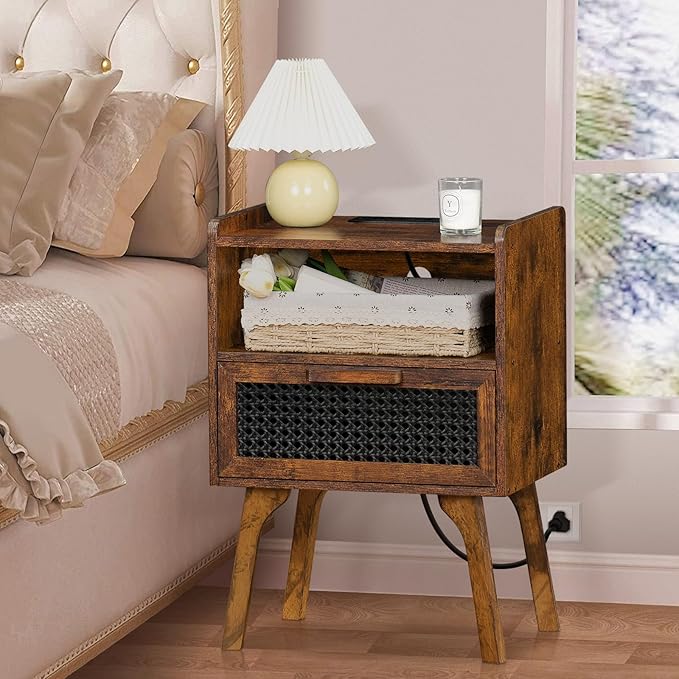 Lerliuo Rattan Nightstands Set of 2 with Charging Station, Boho Side Table with Drawer Open Shelf, Cane Accent Bedside End Table with Solid Wood Legs for Bedroom, Dorm and Small Spaces (Brown) - LeafyLoom