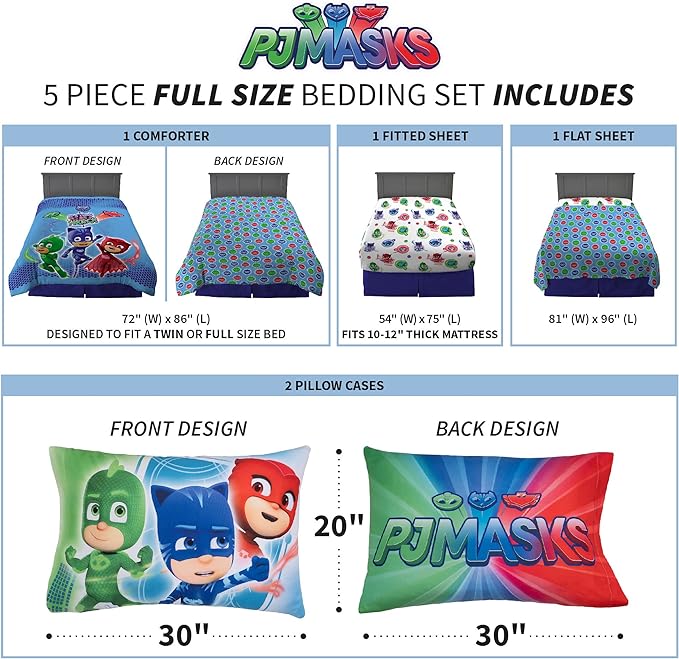 Franco Kids Bedding Super Soft Comforter and Sheet Set, 5 Piece Full Size, PJ Masks - LeafyLoom